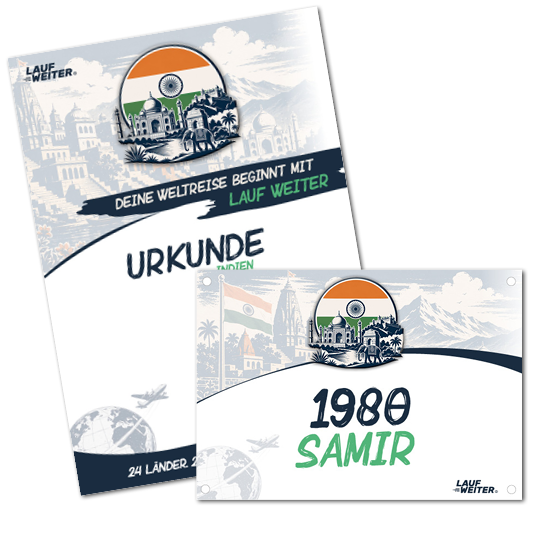 LAUF WEITER Indien Startnummer & Urkunde
